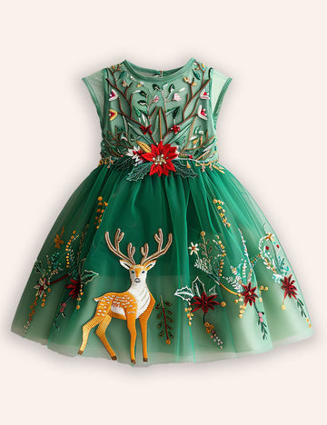 Festival Floral Reindeer Embroidered Tulle Dress